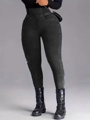 Stretchy High Waist Leggings Slim Fitting Slash Pocket Long Jeans