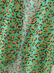 Green Leopard Print Chiffon Blouse V Neck Sheer Long Sleeve Cover Up Shirt