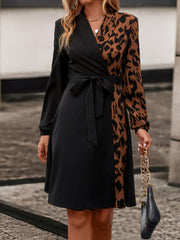 Leopard Print Wrap Dress Surplice Neck Long Sleeve Dress Women's Clothing