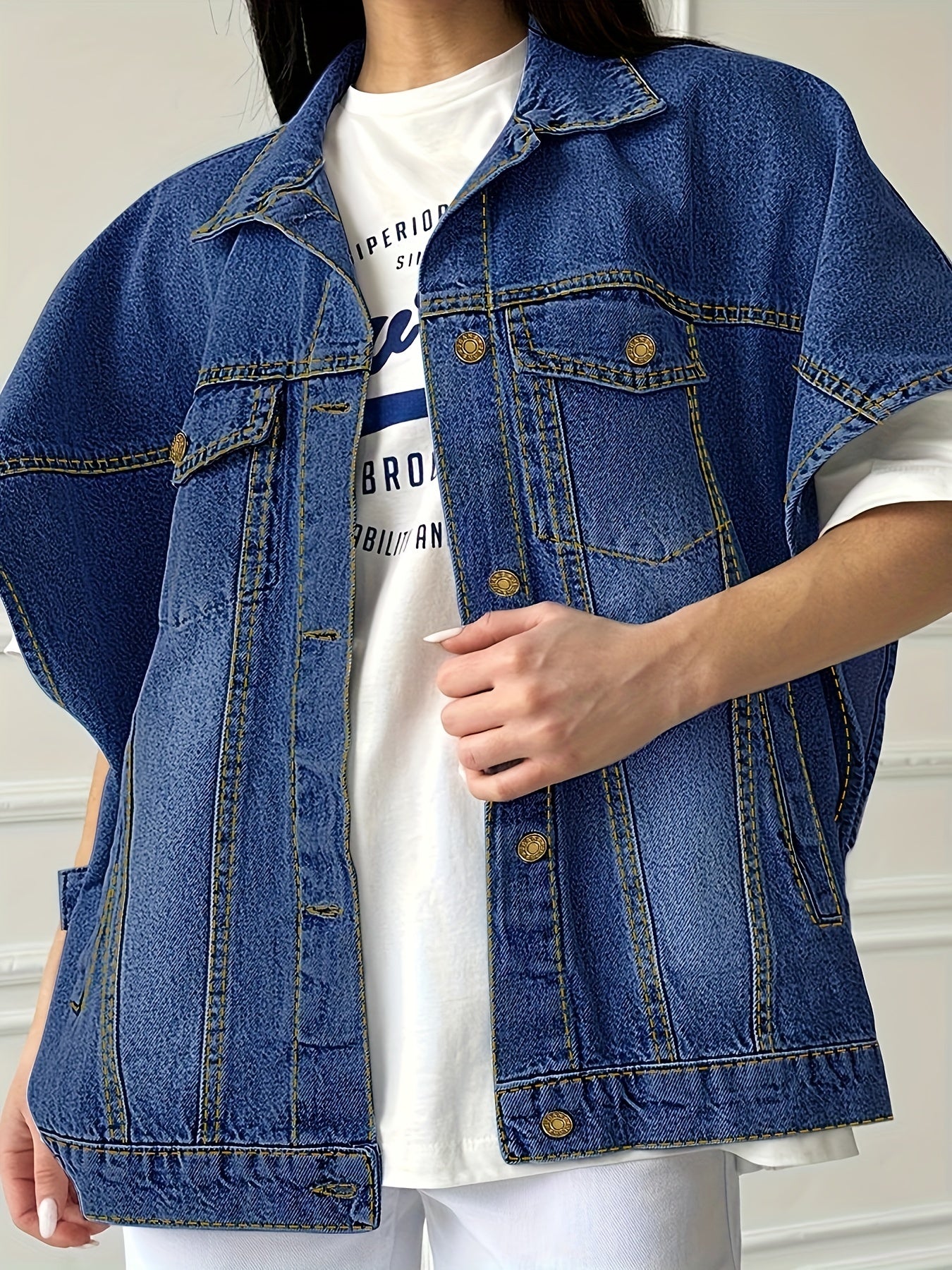 Drop Shoulder Denim Jackets Flap Pockets Lapel Women's Denim Clothing