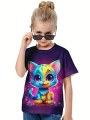 Kids 3D Cat Graphic Short Sleeve T-Shirt Breathable Summer Tops