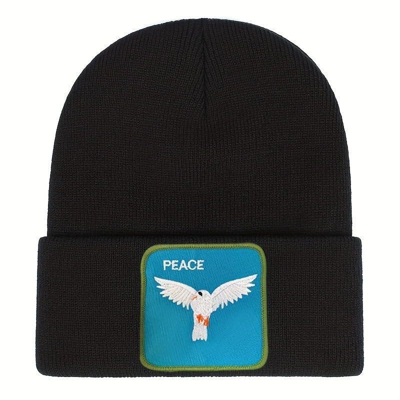 Peace Bird Embroidery Patch Beanie Solid Knit Hat Lightweight Skull Cap
