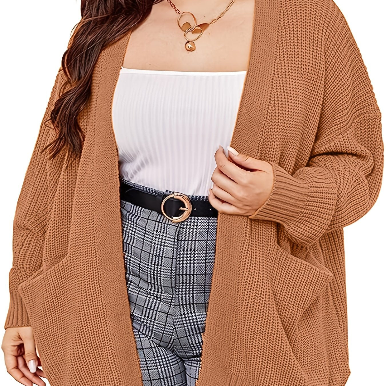 Solid Long Sleeve Open Front Cardigan With Pockets