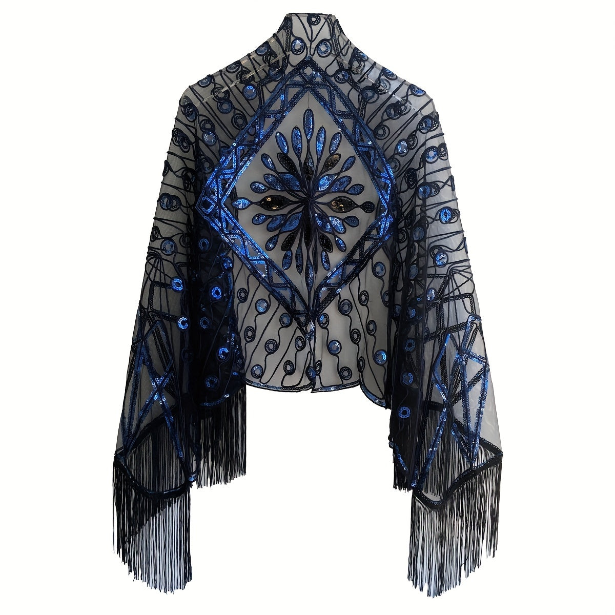 1920s Sequin Beaded Shawl Leaf Embroidery Tassel Cape