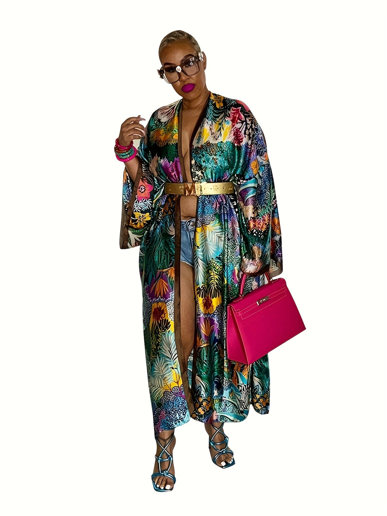 Retro Kimono Women's Plus Floral Print Batwing Sleeve Open Front Kimon