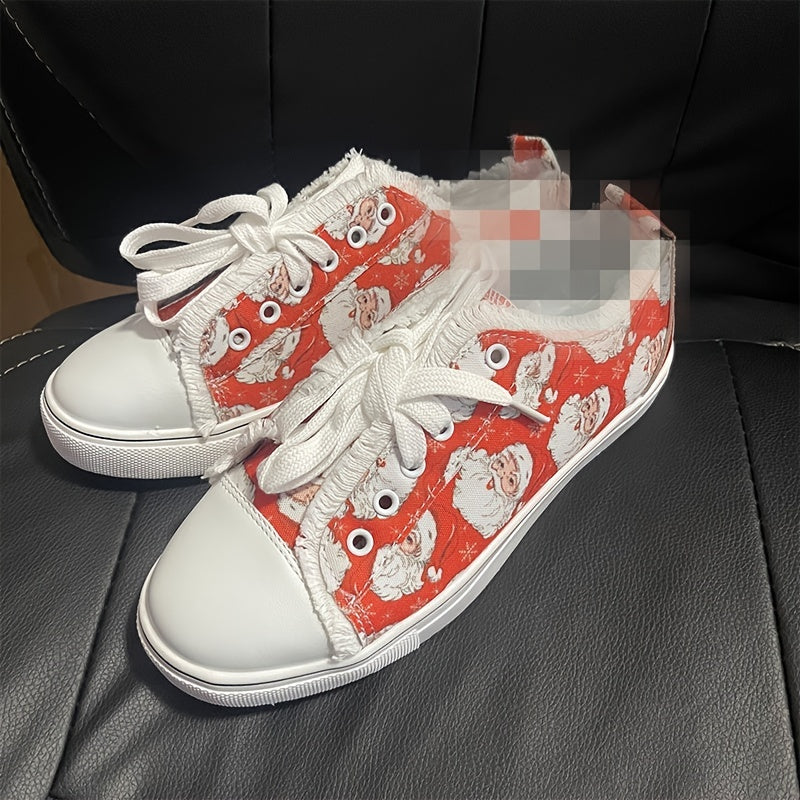 Women's Santa Claus Print Canvas Shoes Lace Up Low Top Sneakers