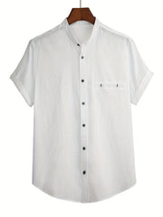 Men's Casual Short Sleeve Stand Collar Cotton Shirt
