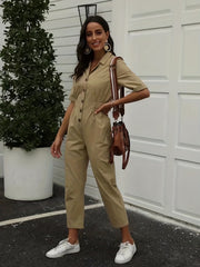 Button Front Jumpsuit Short Sleeve Wide Leg Jumpsuit