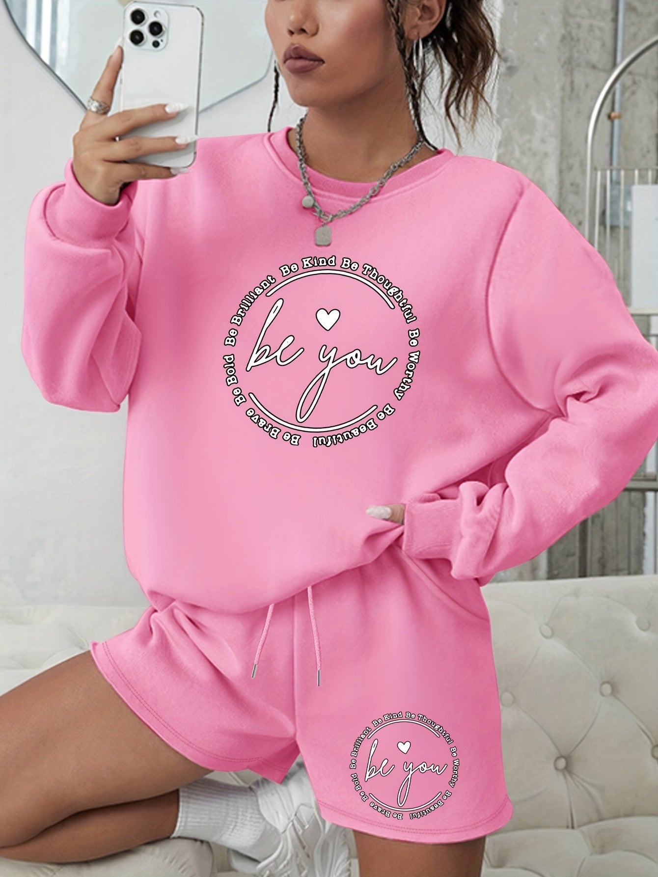 Slogan & Heart Print Sweatshirt & Shorts Set