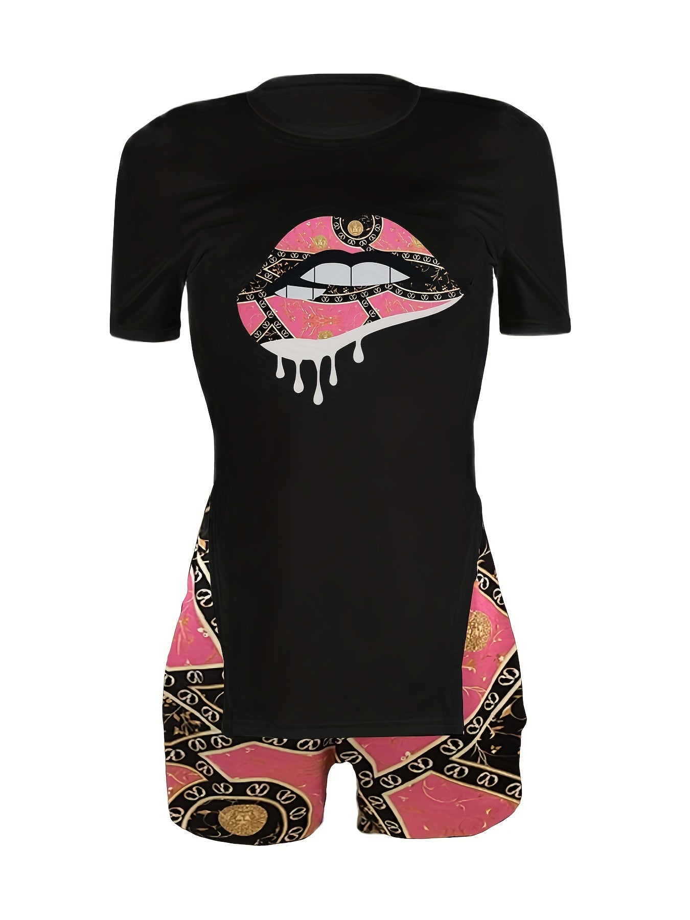 Lips Print T Shirt & Yoga Shorts 2pcs Set for Women