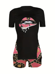 Lips Print T Shirt & Yoga Shorts 2pcs Set for Women
