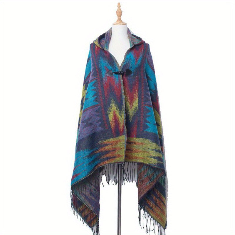 Boho Hoodie Tassel Shawl Geometric Pattern Scarf