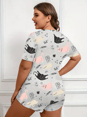 Cat & Letter Print V Neck Romper
