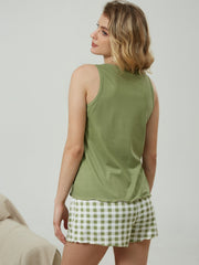Plaid Pajama Set Crew Neck Tank Top Lounge Shorts Women's Sleepwear
