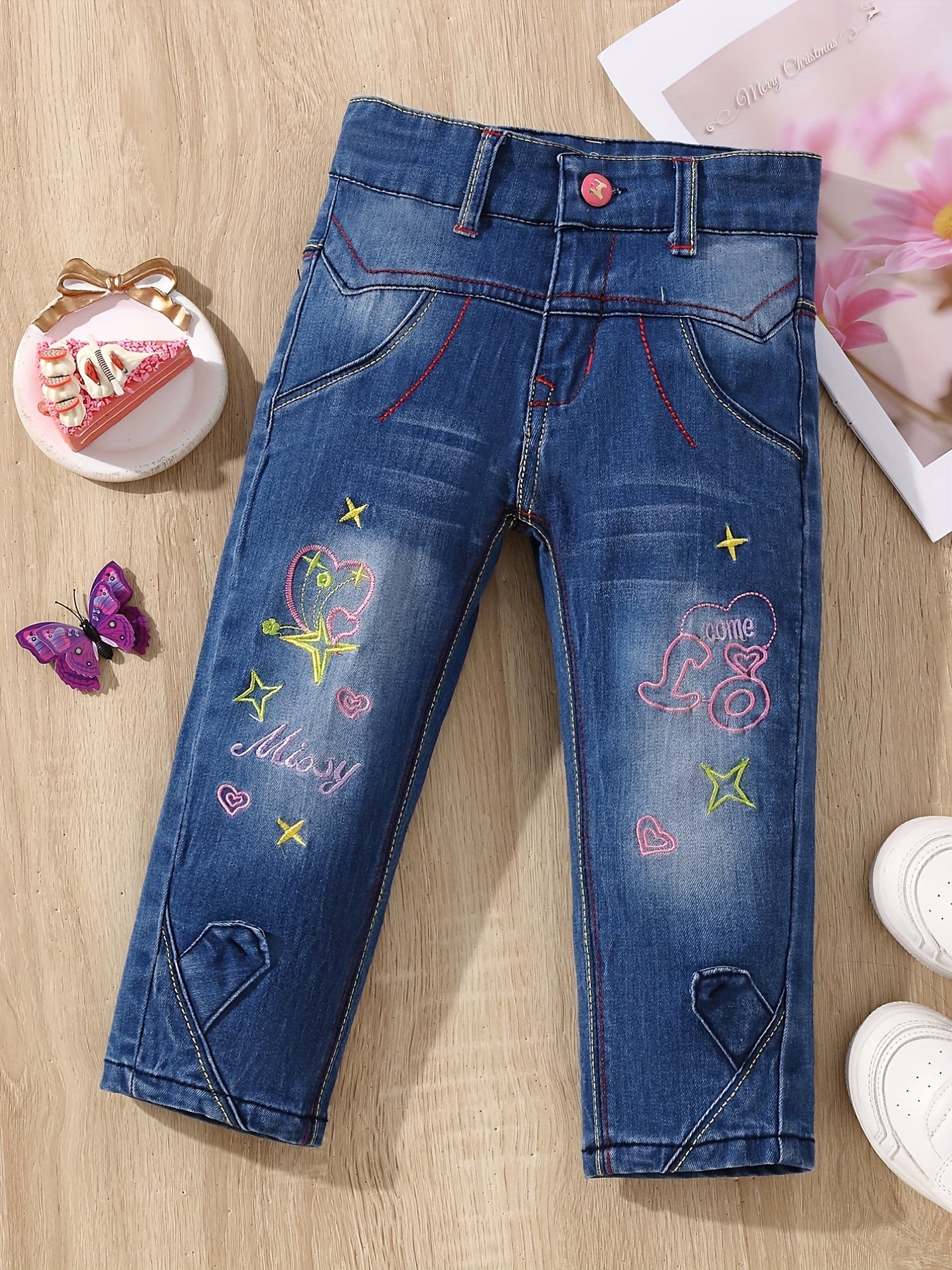 Girls' Stars Embroidered Casual Cropped Jeans Capris