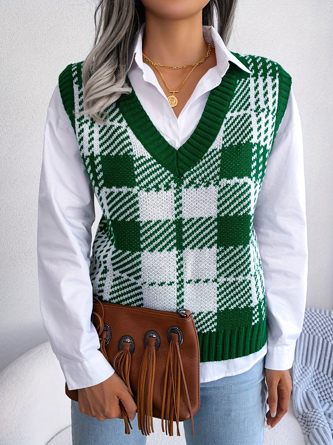 Plaid Sweater Vest Loose V Neck Fall Winter Women's Clothing