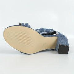 Denim Block Heels Open Toe Pumps Comfortable Walking Shoes