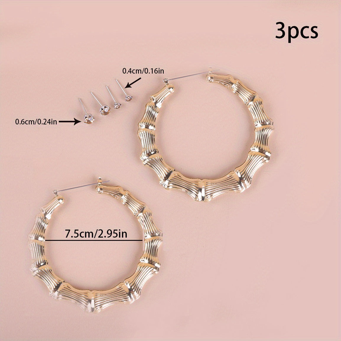 3 Pairs Punk Big Hoop & Rhinestone Stud Earrings Set