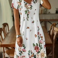 Floral V Neck Dress Short Sleeve Casual Summer Dress