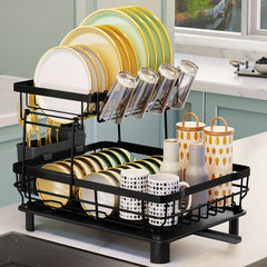 2 Tier Dish Drying Rack Large Capacity Organizer With Utensil & Cup Holder