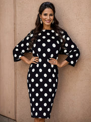 Polka Dot Print Half Sleeve Round Neck Dress