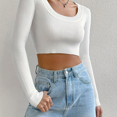 Solid Scoop Neck Crop Sweater Long Sleeve Slim Sweater For Spring & Fall