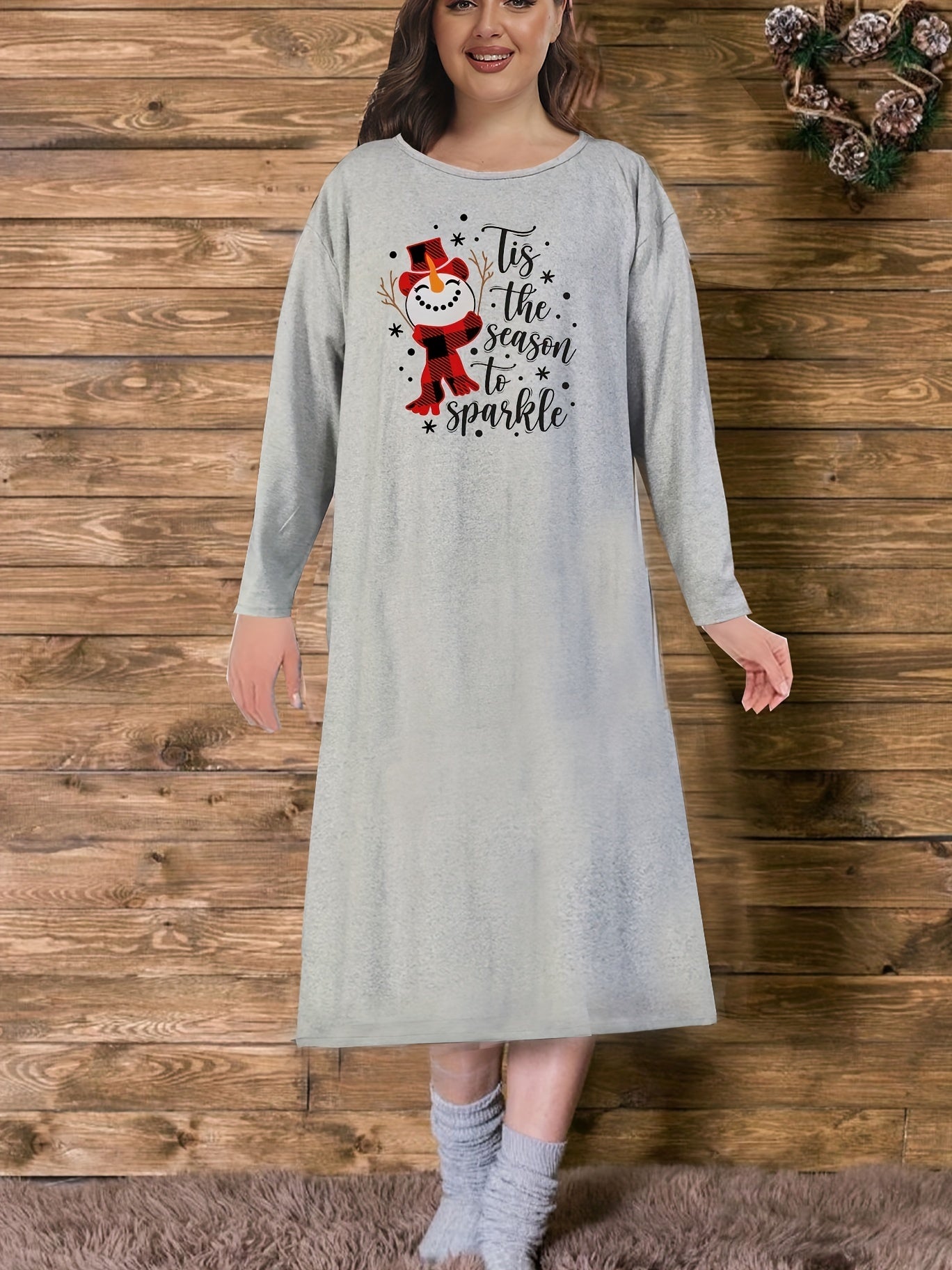 Snowman & Snowflake Print Long Sleeve Tee Nightdress