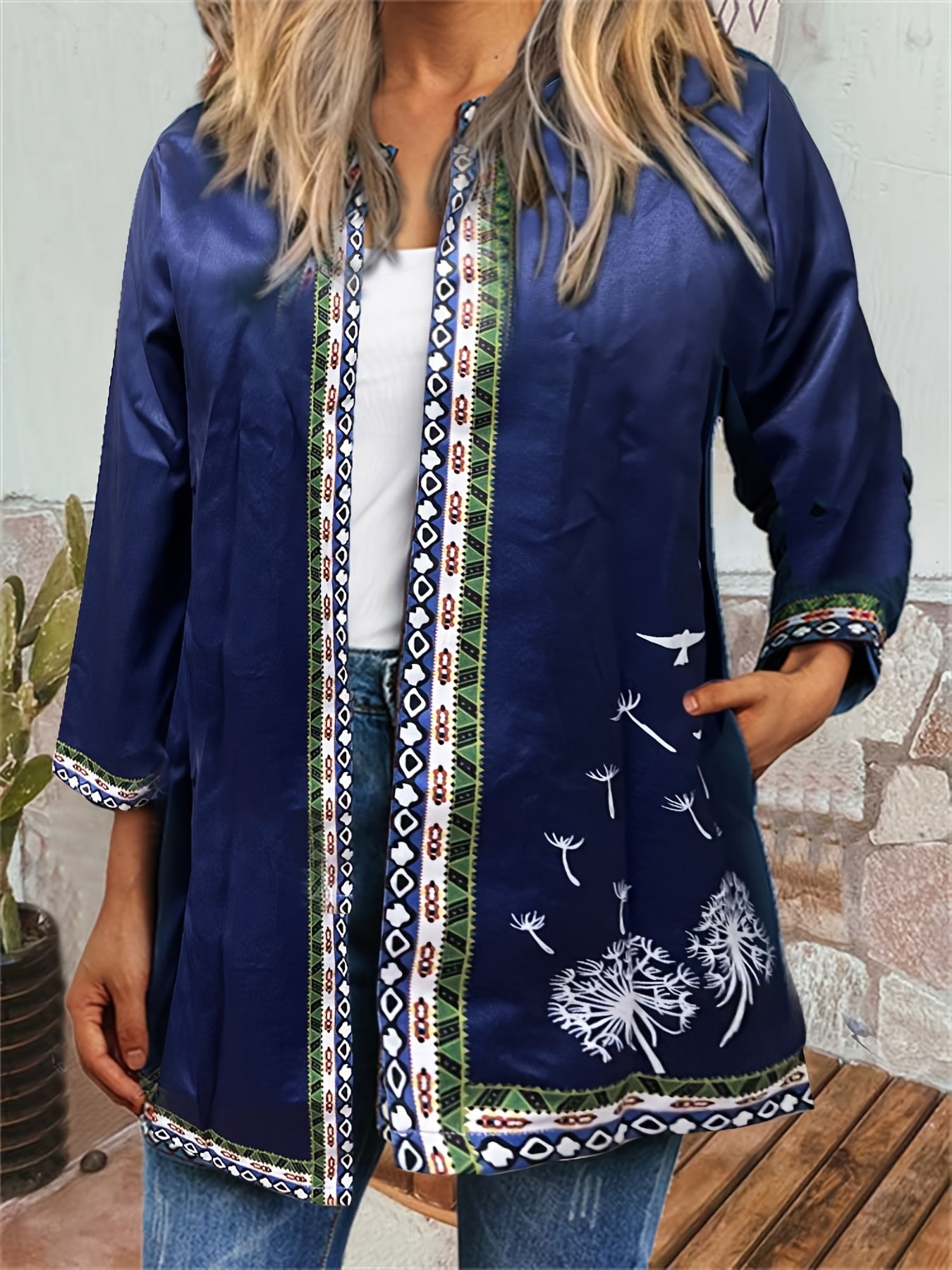 Ethnic Print Open Front Jacket Vintage Long Sleeve Crew Neck Outerwear