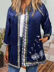 Ethnic Print Open Front Jacket Vintage Long Sleeve Crew Neck Outerwear