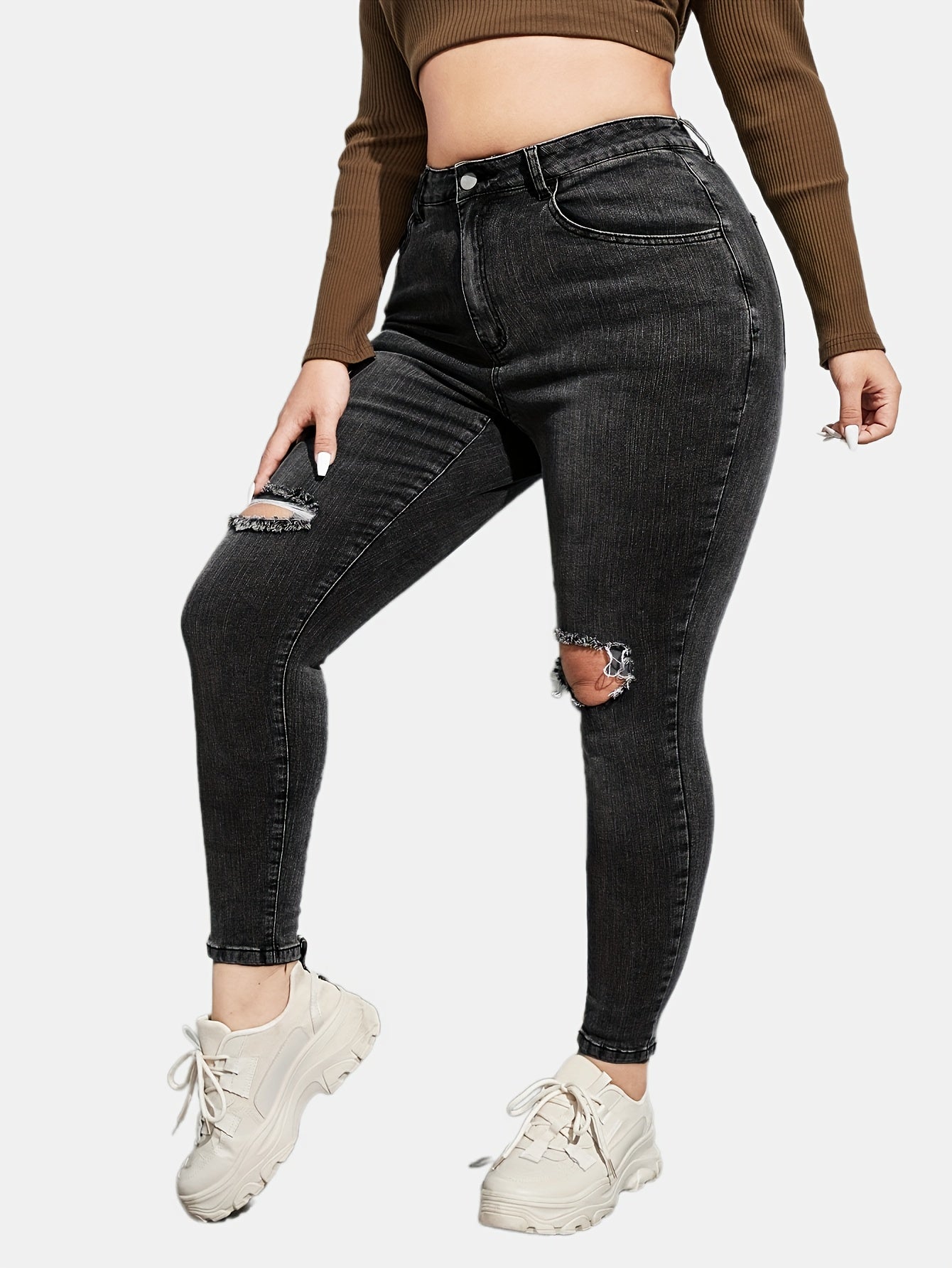 Solid Button Fly Ripped High Rise Skinny Jeans