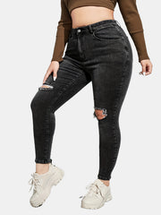 Solid Button Fly Ripped High Rise Skinny Jeans