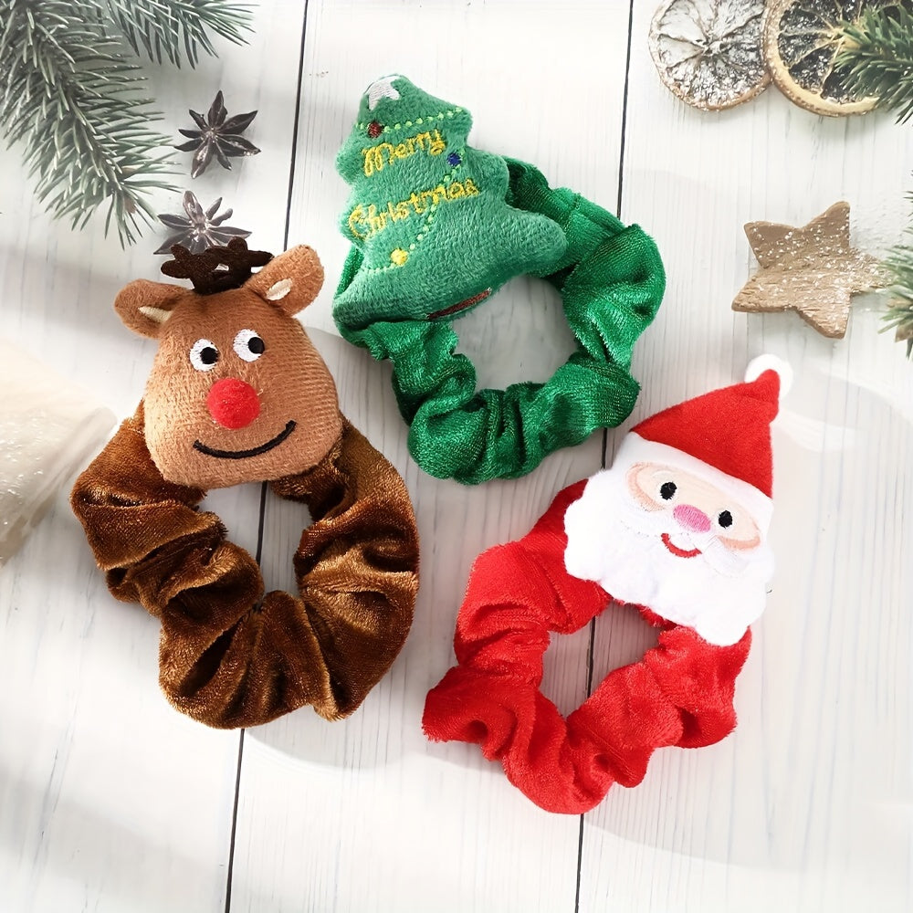 3pcs Christmas Cartoon Hair Ties Set Santa & Elk & Tree Charm Elastic Headbands