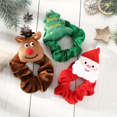 3pcs Christmas Cartoon Hair Ties Set Santa & Elk & Tree Charm Elastic Headbands