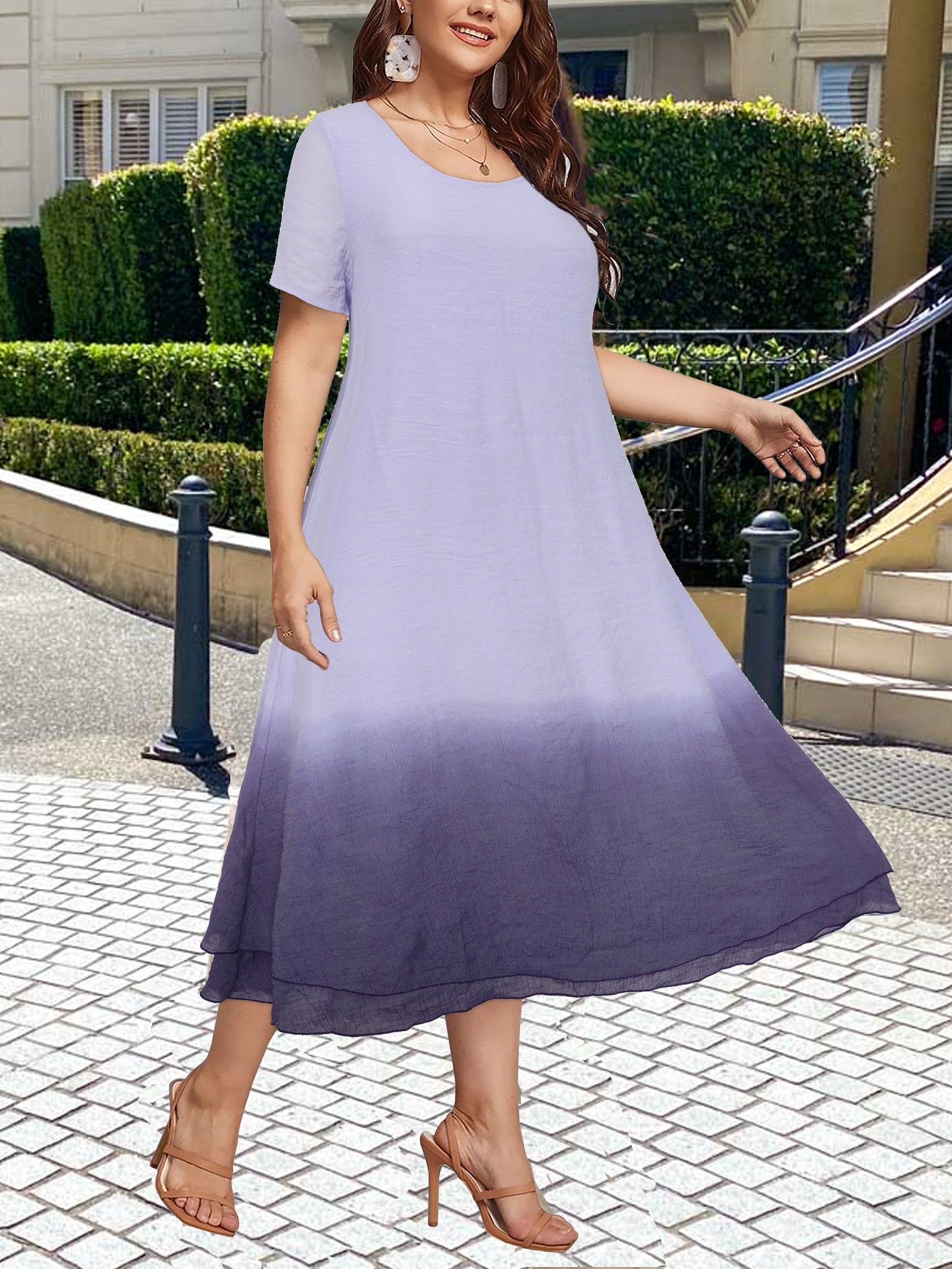 Ombre Print Short Sleeve Maxi Dress Women's Plus Boho
