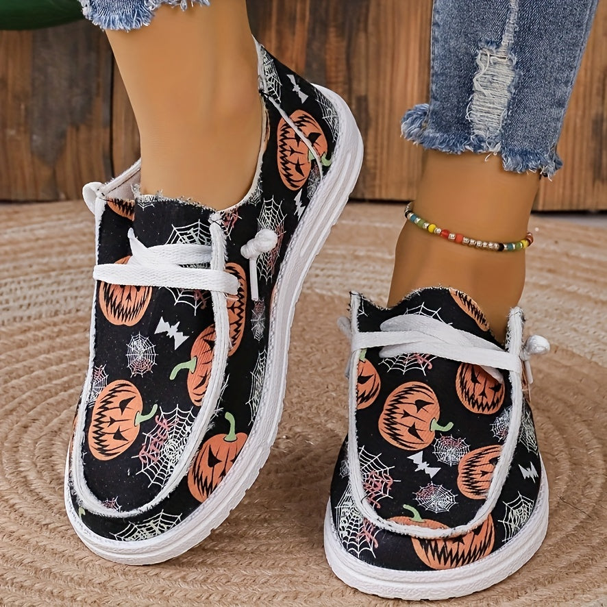Women's Pumpkin Print Canvas Shoes Casual Lace Up Low Top Loafers Lightweight