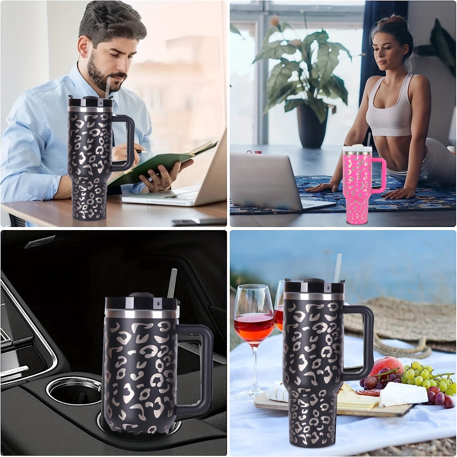 Leopard Print Stainless Steel Insulated Tumbler - 40oz Leakproof Car Cup