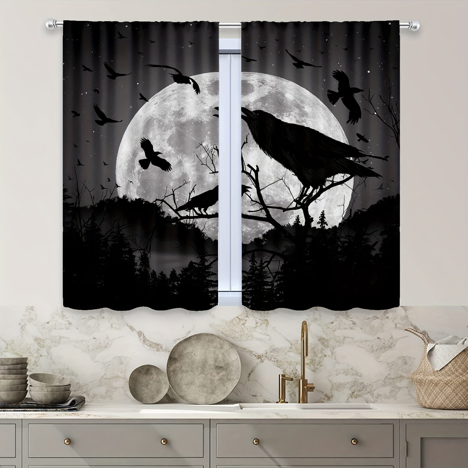 2 Panels Moon Crow Printed Curtains Rod Pocket Window Curtains