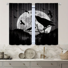 2 Panels Moon Crow Printed Curtains Rod Pocket Window Curtains