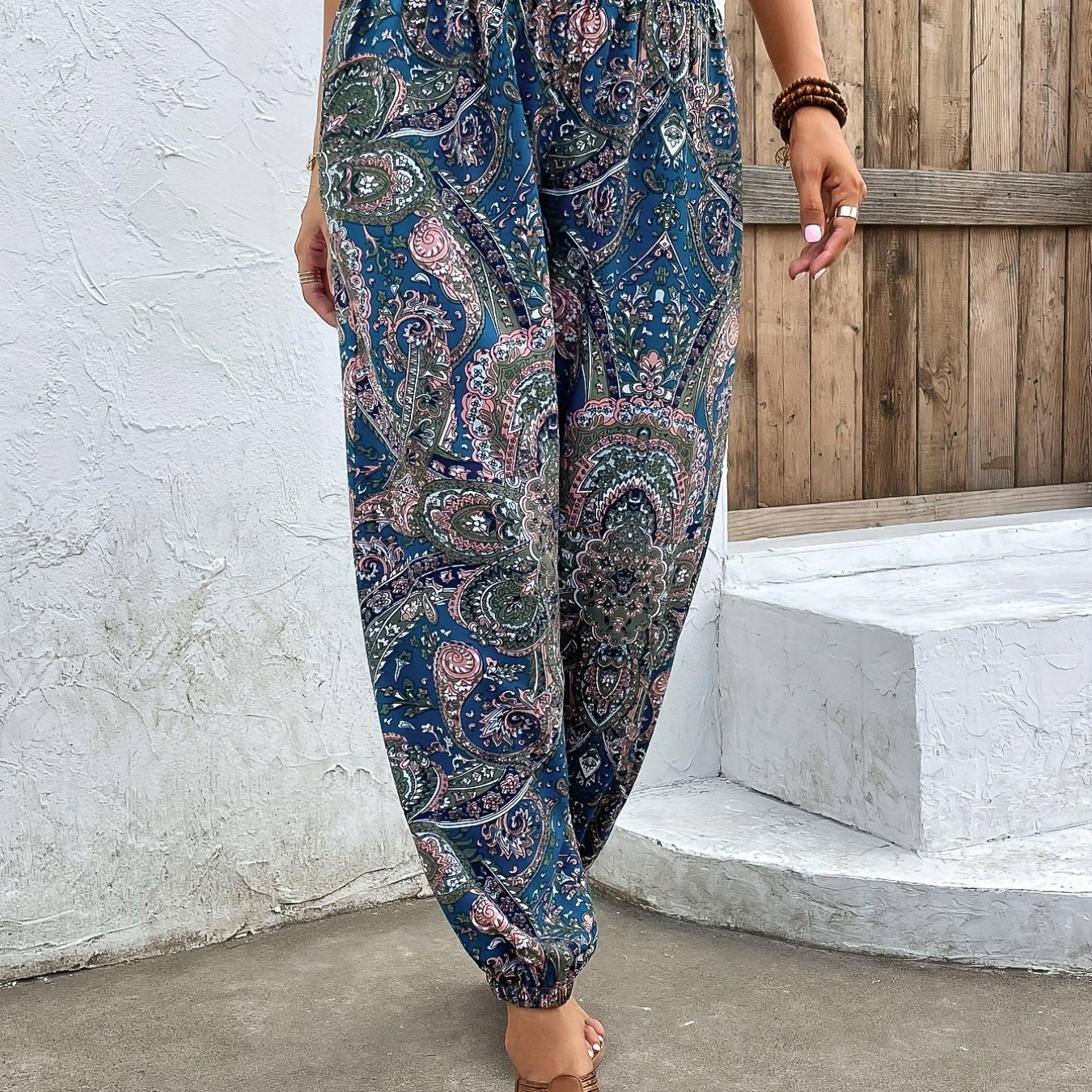 Paisley Print Smocked Waist Joggers for Women