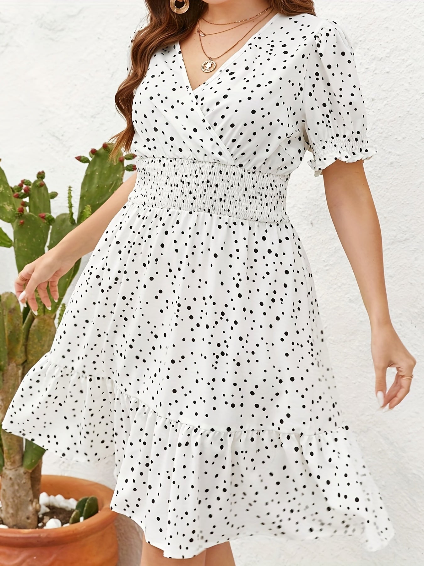 Dot Print Puff Sleeve Smock Dress