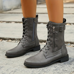 Retro Lace-Up Moto Boots with Side Zipper Chunky Mid-Tube