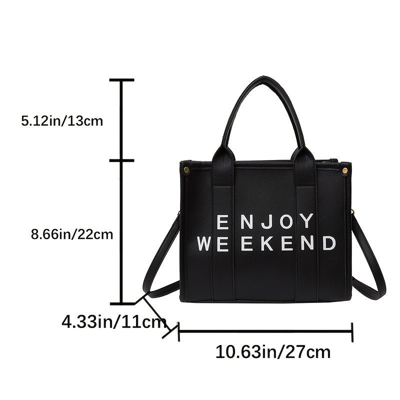 Stylish Letter Print Tote Bag Vegan Leather Satchel Purse for Office & Shopping