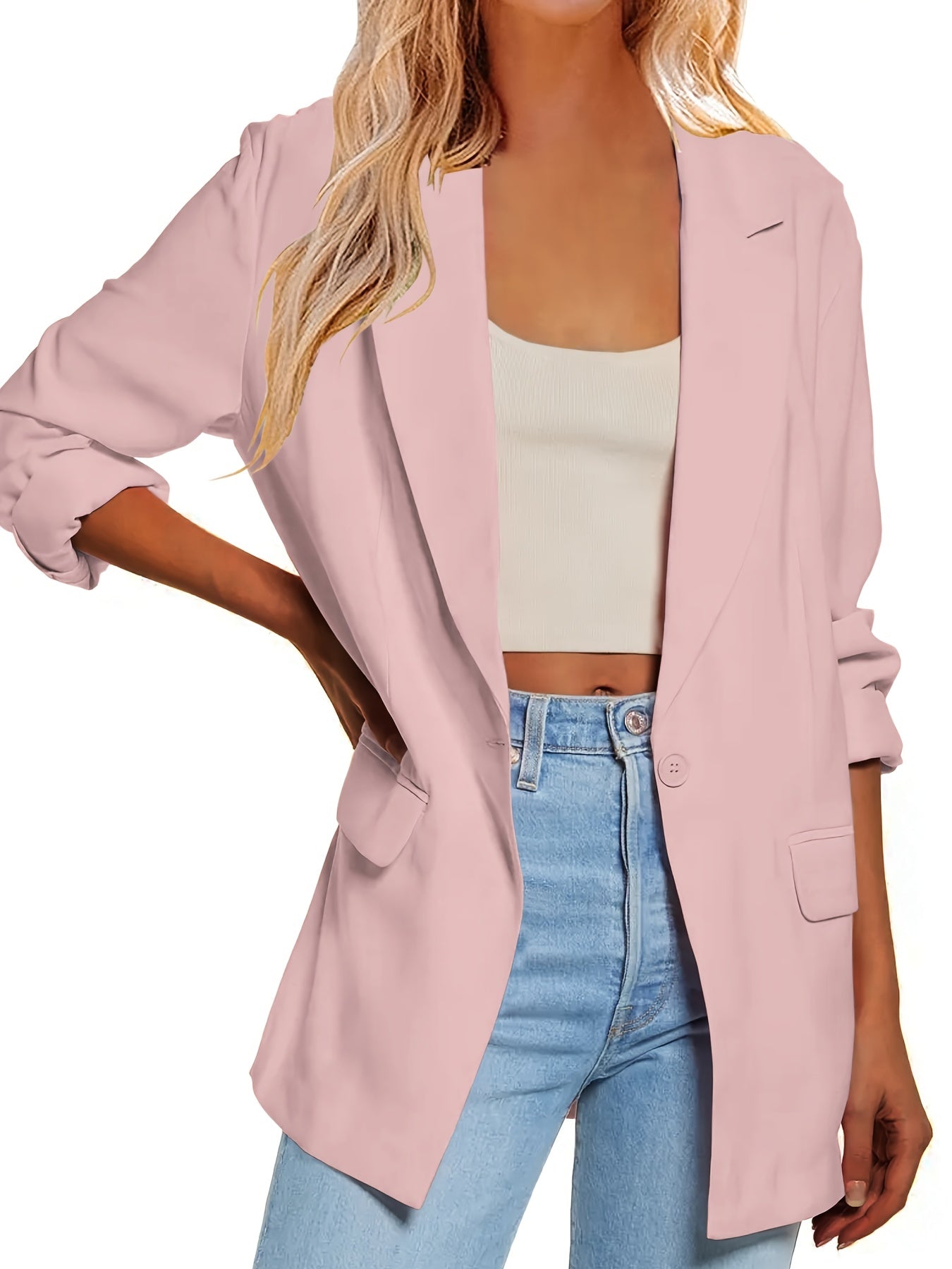 Solid Lapel Pockets Blazer Jacket Button Front Office Work Outerwear