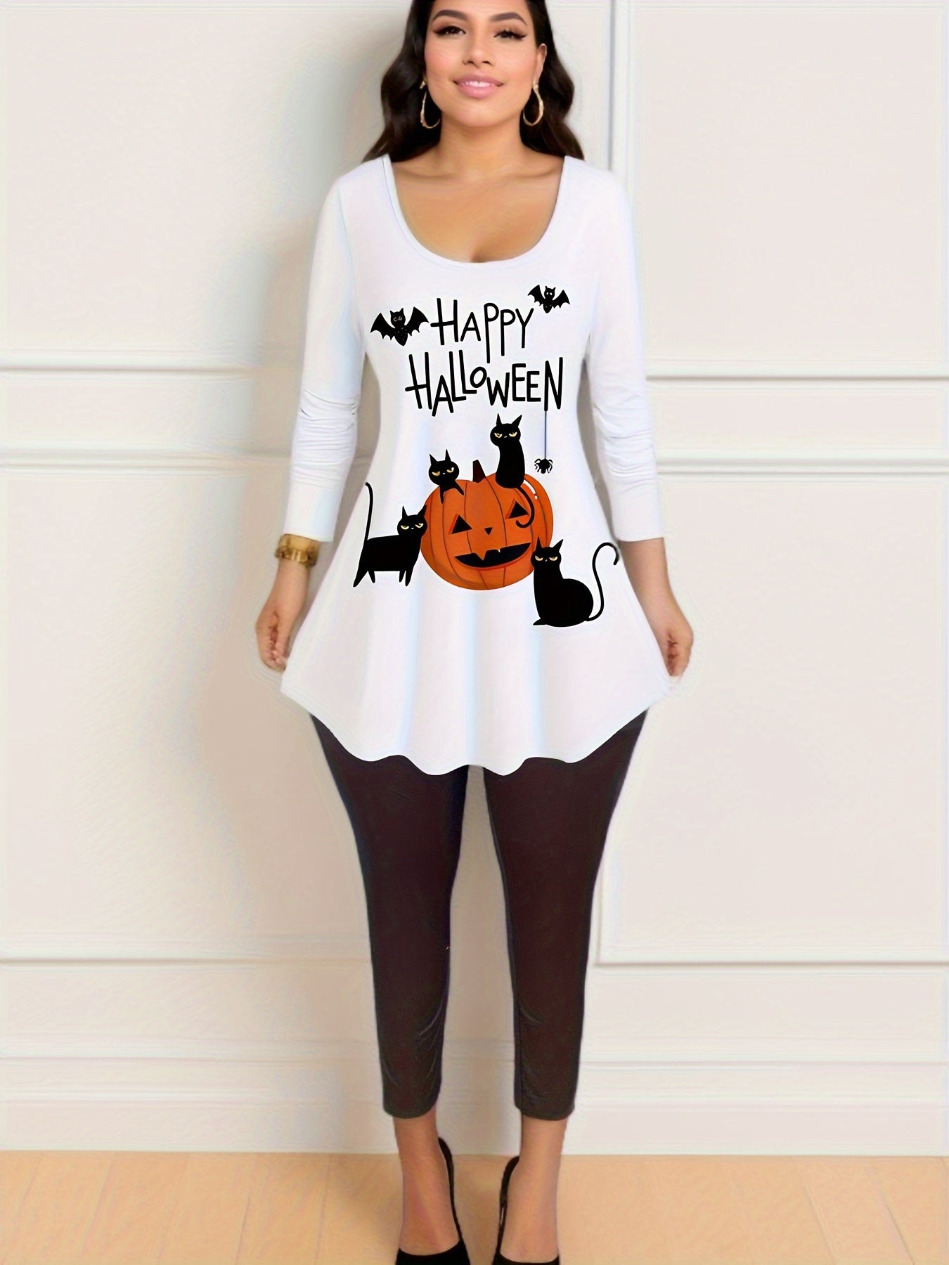 Women's Plus Pumpkin & Cat Print Long Sleeve Tunic Top & Leggings Set