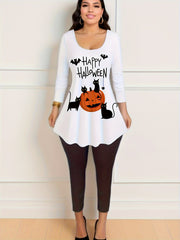 Women's Plus Pumpkin & Cat Print Long Sleeve Tunic Top & Leggings Set