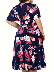 Floral Print Short Sleeve Midi Dress With Belt