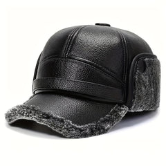 Winter Baseball Cap with Earflaps Faux Leather Warm Dad Hat
