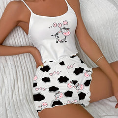 Cow Print Pajama Set Crew Neck Cami & Shorts Women's Sleepwear