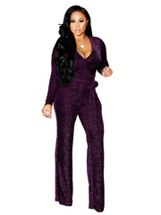 V Neck Tie Waist Jumpsuit Long Sleeve Women's Clothing