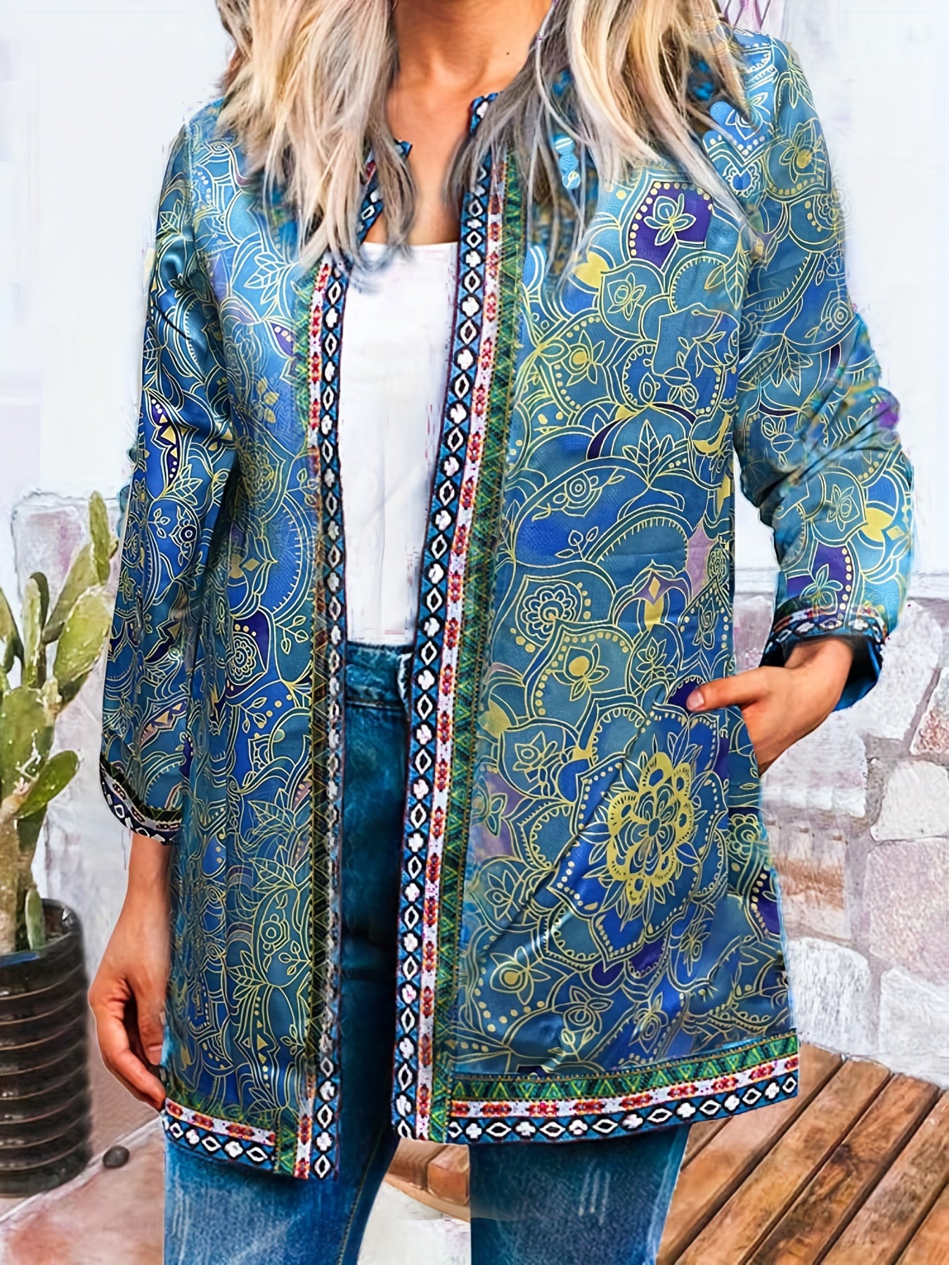 Graphic Print Open Front Jacket Casual Long Sleeve Jacket
